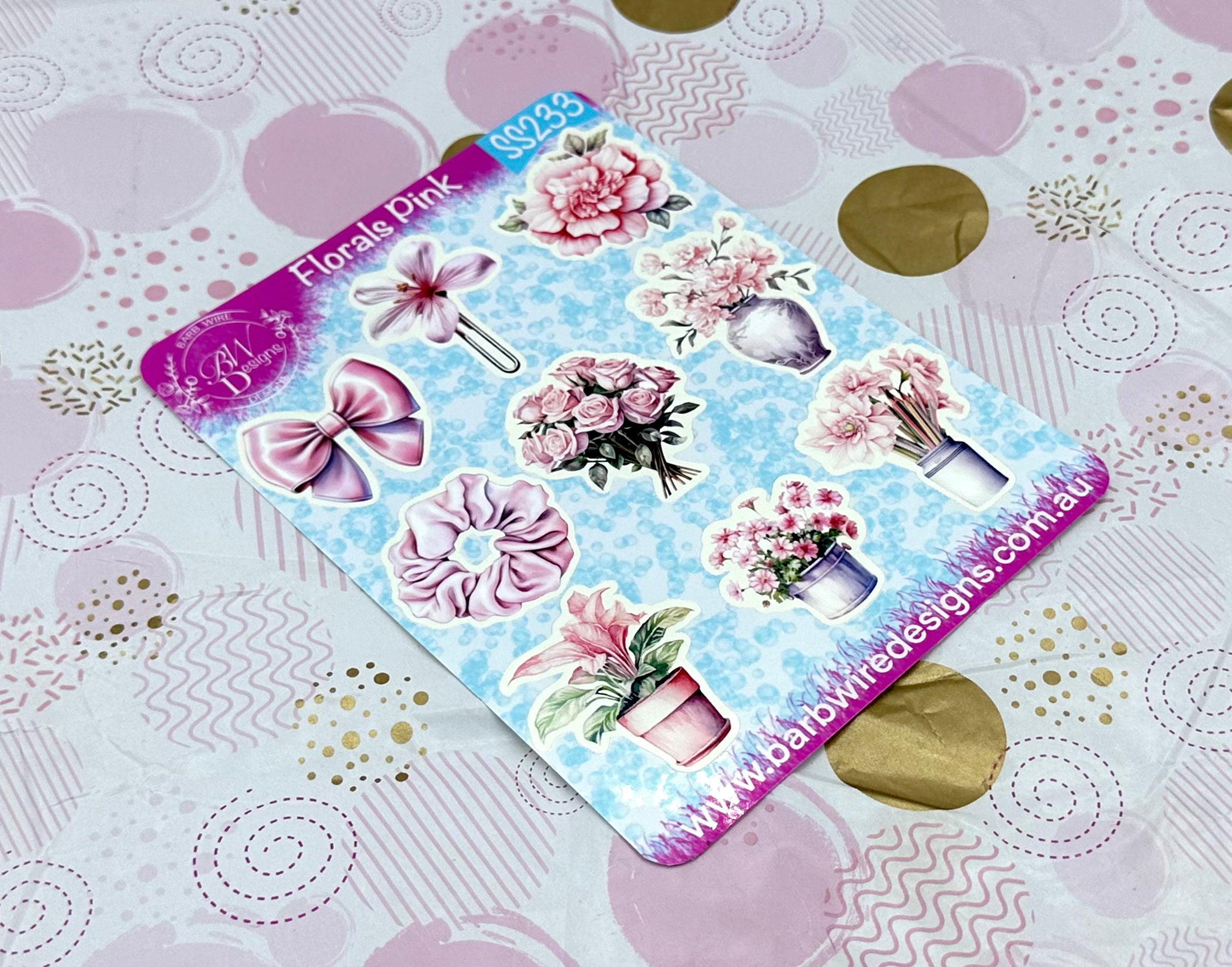 Florals Pink Sticker Sheet Barb Wire Designs