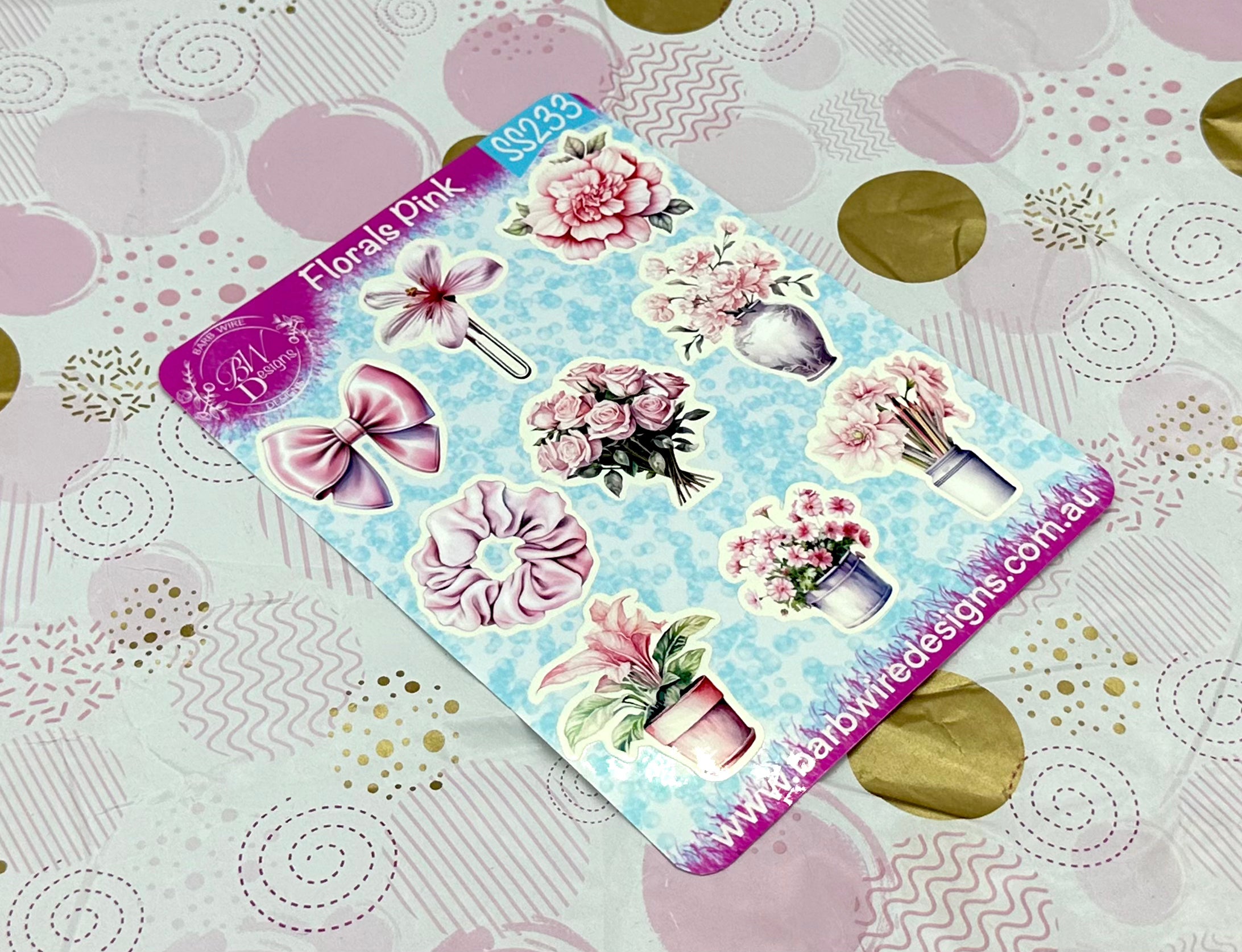 Florals Pink Sticker Sheet Barb Wire Designs