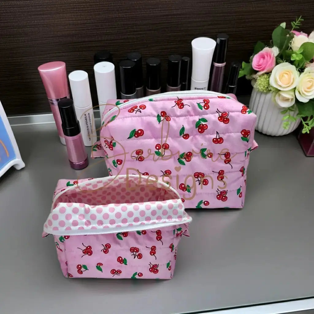 Pink Cherry Quilted Makeup Carryall Barb Wire Designs
