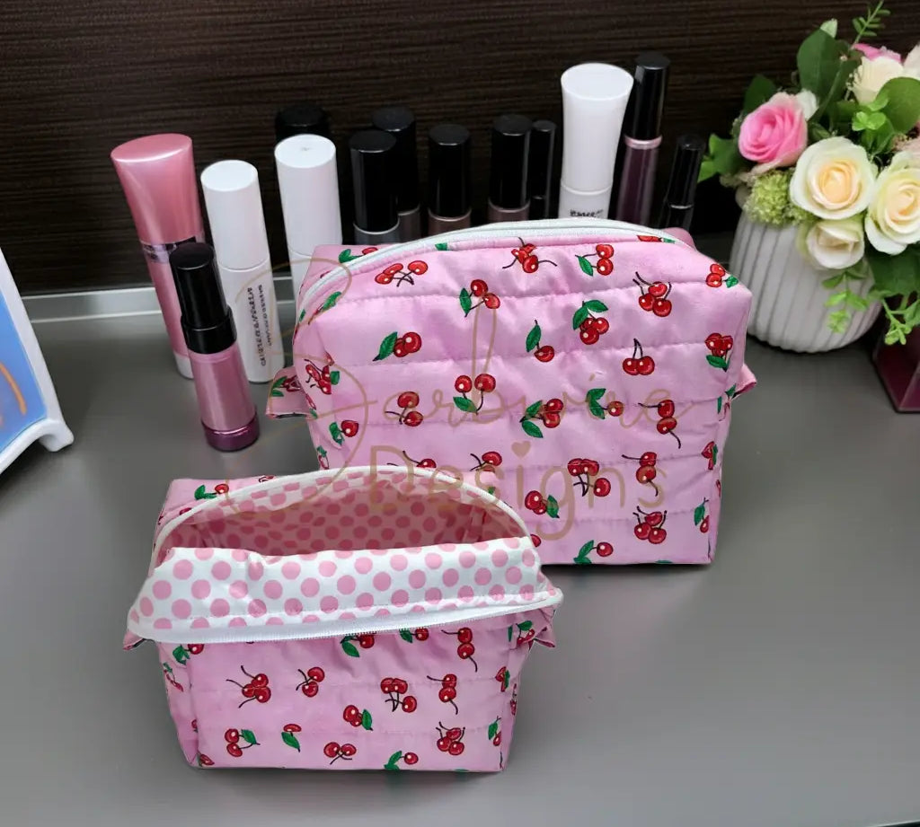 Pink Cherry Quilted Makeup Carryall Barb Wire Designs