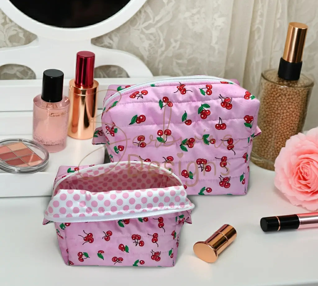 Pink Cherry Quilted Makeup Carryall Barb Wire Designs
