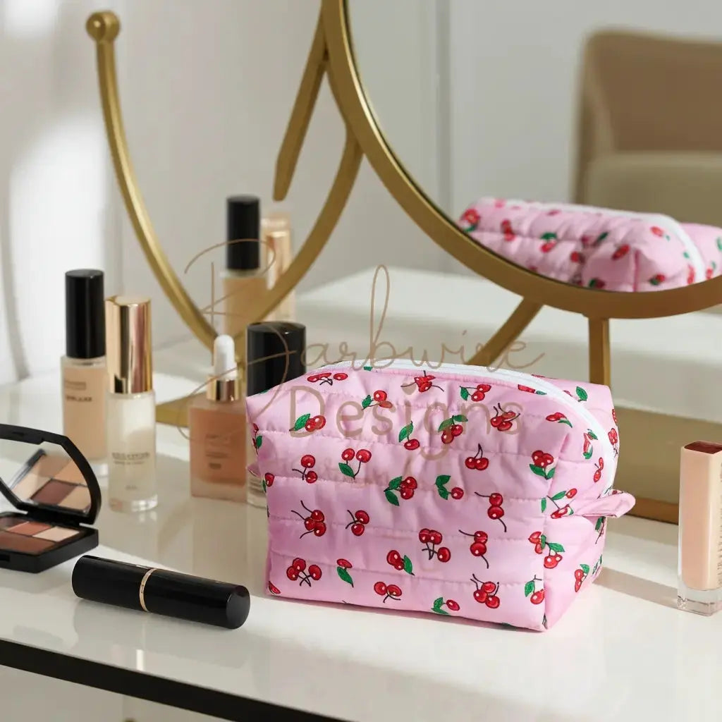 Pink Cherry Quilted Makeup Carryall Barb Wire Designs