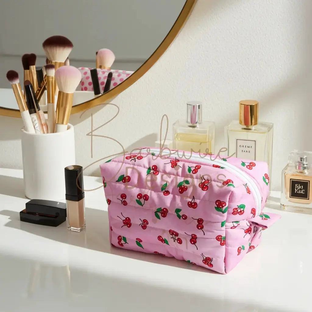 Pink Cherry Quilted Makeup Carryall Barb Wire Designs