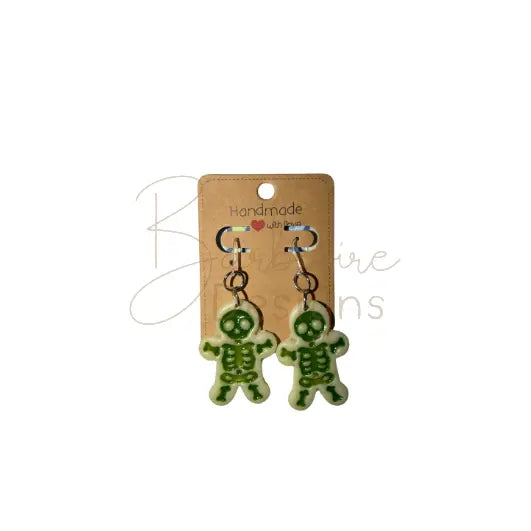 Glow in the dark Gingerbread Skeleton earrings Barb Wire Designs