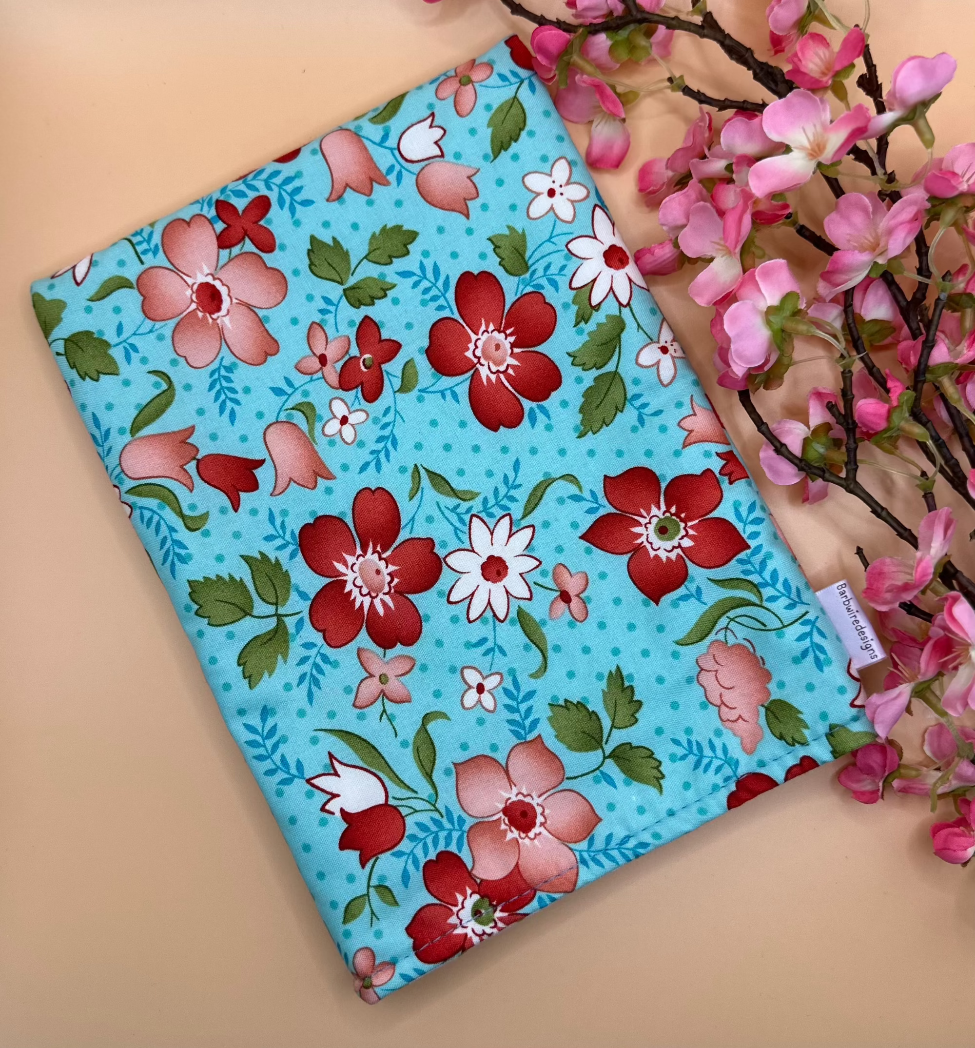 Handmade Small Sized Colourful Book Sleeve Kindle e-reader Cover - Barb Wire Designs small floral with blue background